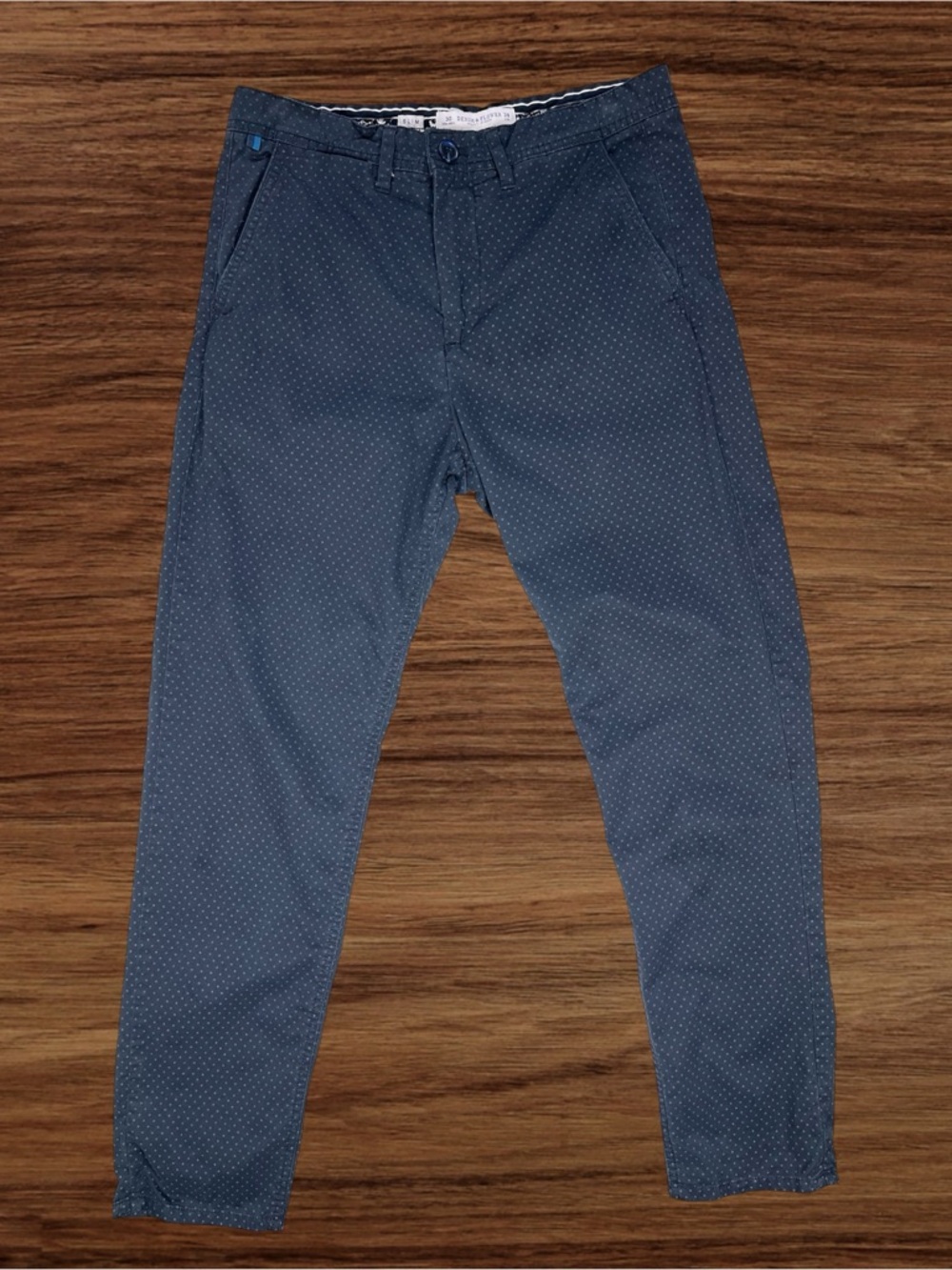 Denim & Flower Men’s Dark Blue Slim Fit Geometric Pattern Chinos. Size 30.